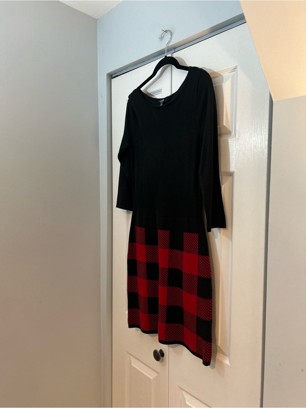 Chaps Buffalo Plaid Sweater Dress Red Black Knit Midi Dress Size S